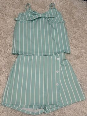 Girls Mint Green Striped Matching Set with Bow - Sparkle in Pink Boutique